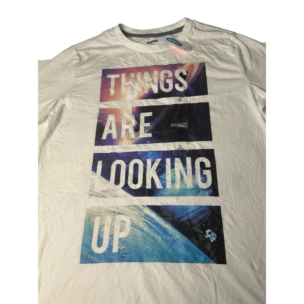 Old Navy Boys White Graphic Tee Things Are Looking Up Space Shirt Size L 10-12